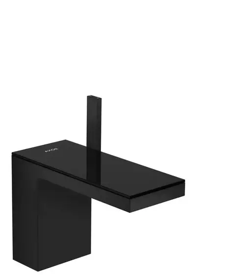Schwarzer Einhebel-Waschtischmischer von AXOR mit einem rechteckigen Design und einem Push-Open Ablauf. Oberfläche aus Schwarzglas.